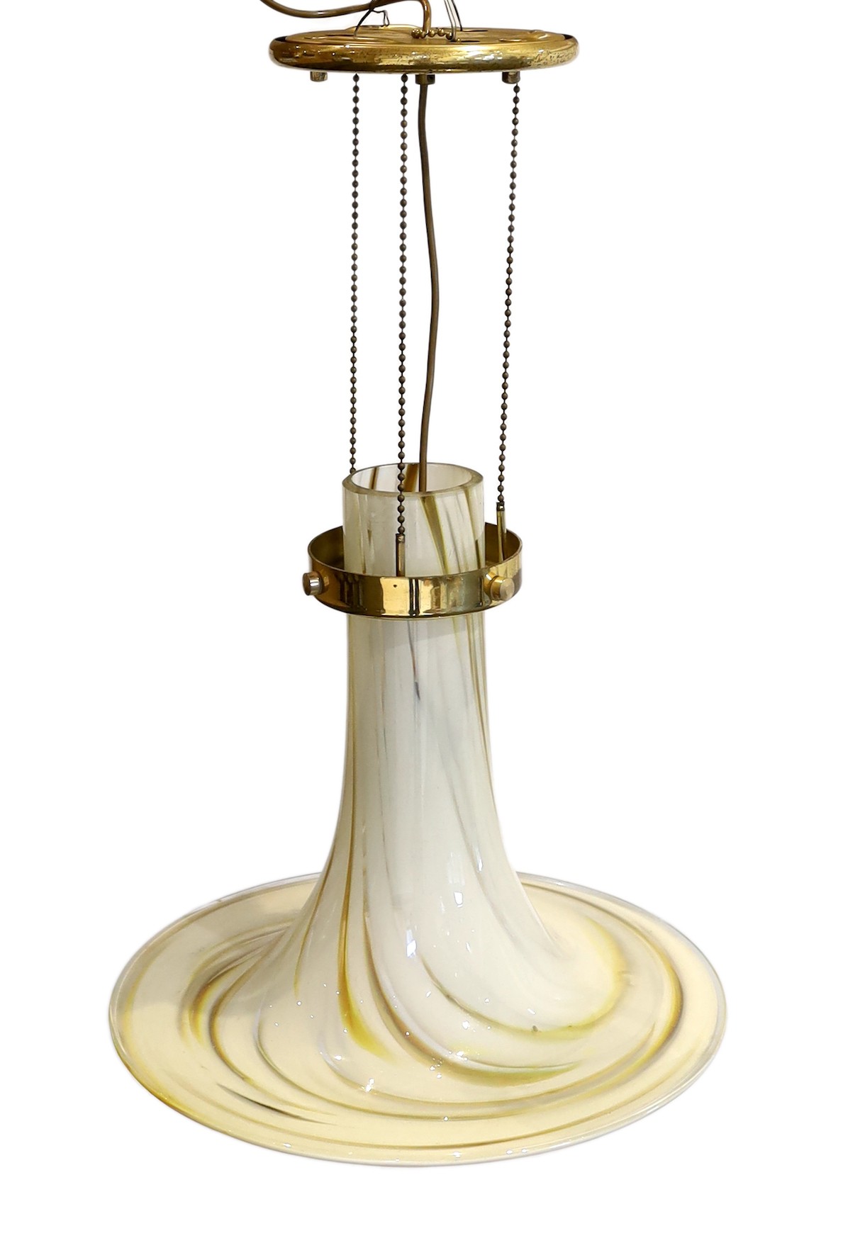 A 1960s Italian lacquered brass and marbled glass pendant ceiling light, height 64cm. diameter 41cm